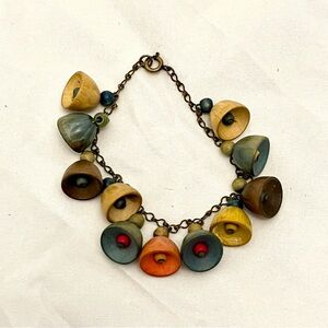Vintage Boho Charm Bracelet – Hand-Painted Wooden Bells on Chain, EUC